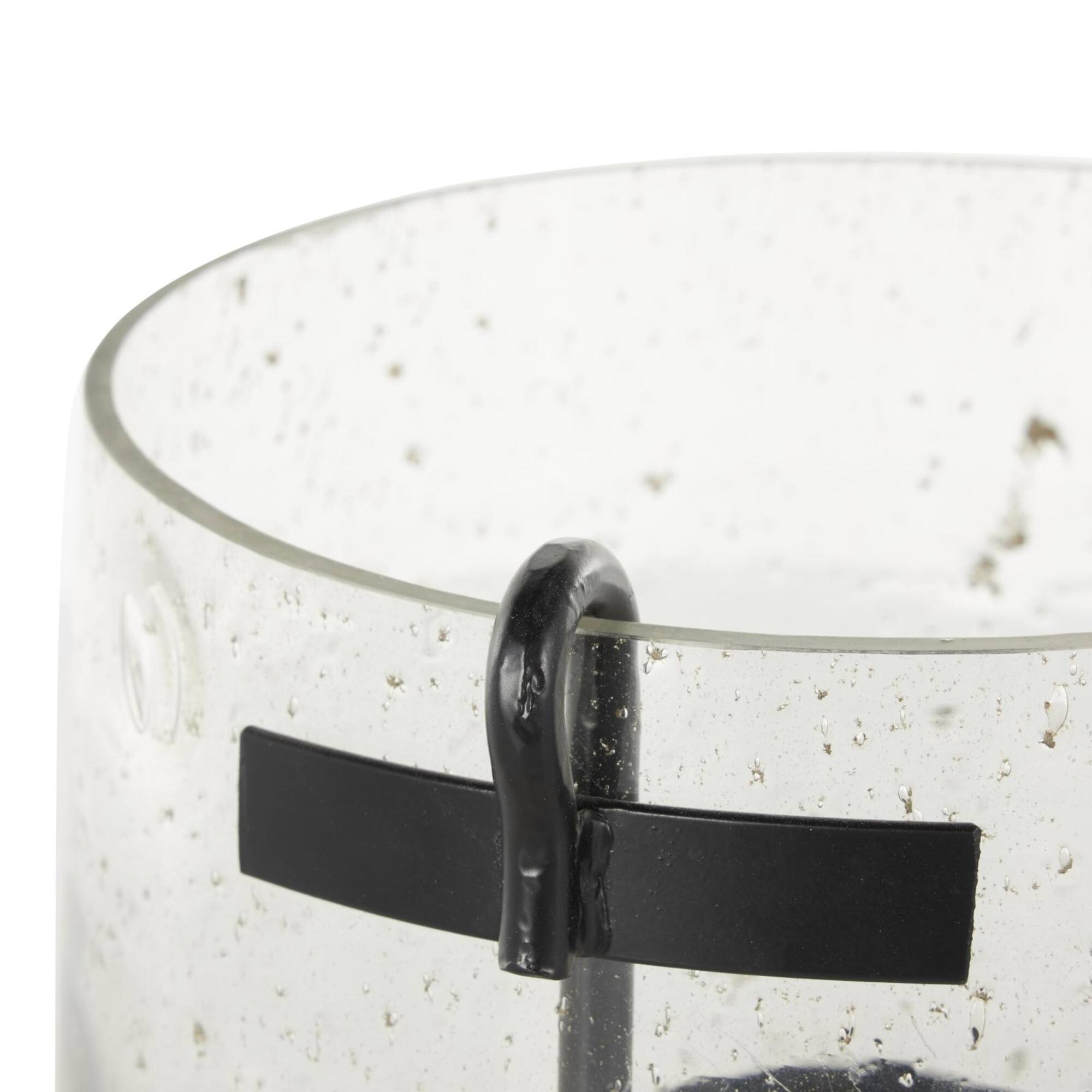 10.25" Clear Glass Candle Holder with Black Metal Accents and Brown Speckles